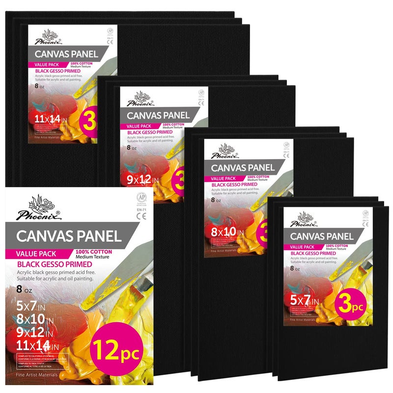 PHOENIX 12 Pack Black Canvases for Painting Canvas Panels Multipack, 5x7,8x10,9x12,11x14 Inch - 8 Oz Primed Cotton Acid Free Canvas Boards for Acrylic, Oil, Tempera, Metallic Painting & Crafting - Image 1